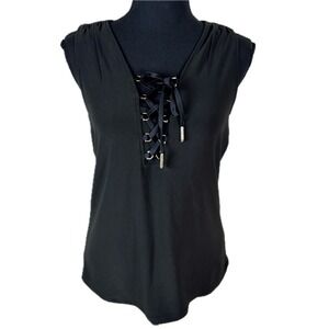 White House Black Market Black Lace Up V-Neck Sleeveless Top XS Gold Hardware